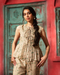 Azura- Beige Soft Checks Jari Tie-Dye Printed Co-Ord Set