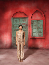 Quite Bloom - Beige Soft Tissue Co-Ord Set | Sleeveless Tunic & Straight Pant