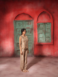 Quite Bloom - Beige Soft Tissue Co-Ord Set | Sleeveless Tunic & Straight Pant