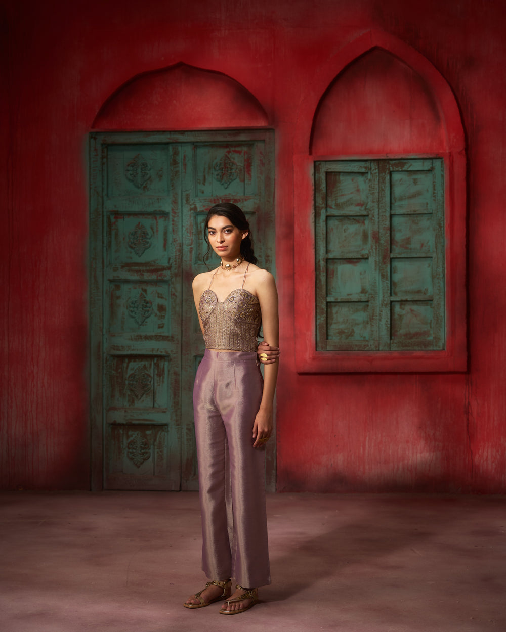 AROHA - Metallic Purple Mauve Hand Embroidered Pure Tissue Co-Ord Set Top with Straight Pant