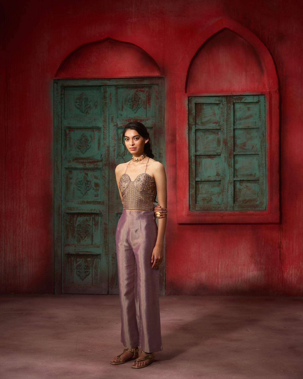 AROHA - Metallic Purple Mauve Hand Embroidered Pure Tissue Co-Ord Set Top with Straight Pant