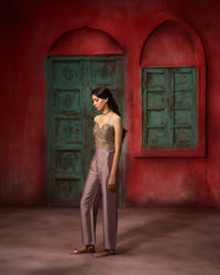 AROHA - Metallic Purple Mauve Hand Embroidered Pure Tissue Co-Ord Set Top with Straight Pant