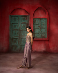 AROHA - Metallic Purple Mauve Hand Embroidered Pure Tissue Co-Ord Set Top with Straight Pant