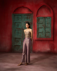 Metallic Purple Mauve Hand Embroidered Pure Tissue Co-Ord Set Top with Straight Pant