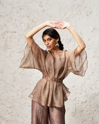 Nooré -  Muted Bronze soft tissue Hand Embroidered Belt 3-piece Set