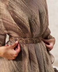 Nooré -  Muted Bronze soft tissue Hand Embroidered Belt 3-piece Set