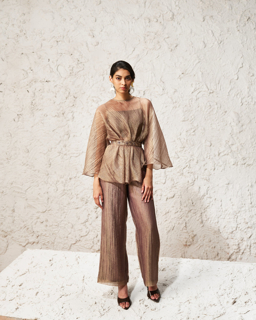 Nooré -  Muted Bronze soft tissue Hand Embroidered Belt 3-piece Set