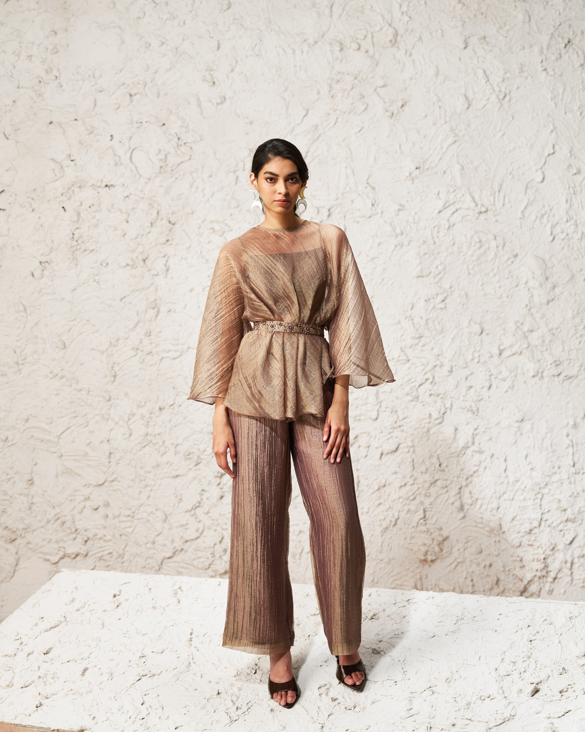 Nooré -  Muted Bronze soft tissue Hand Embroidered Belt 3-piece Set