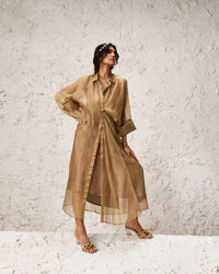 Elara – Muted Gold Soft Tissue Layered Set Inner With Overlay Shirt