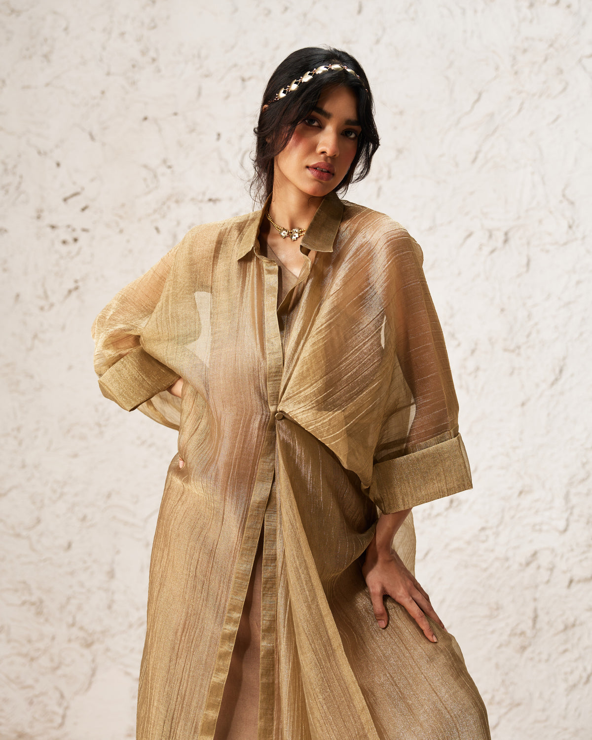 Elara – Muted Gold Soft Tissue Layered Set Inner With Overlay Shirt