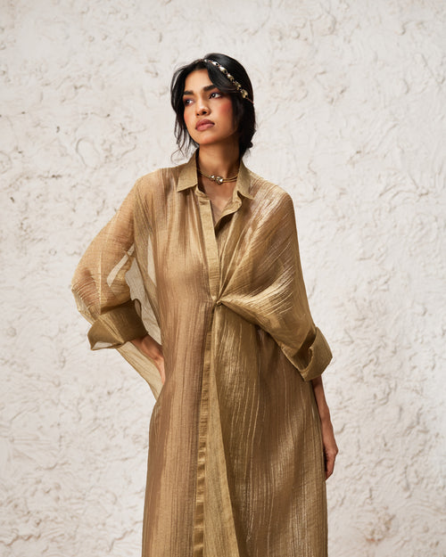 Elara – Muted Gold Soft Tissue Layered Set Inner With Overlay Shirt