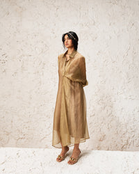 Elara – Muted Gold Soft Tissue Layered Set Inner With Overlay Shirt