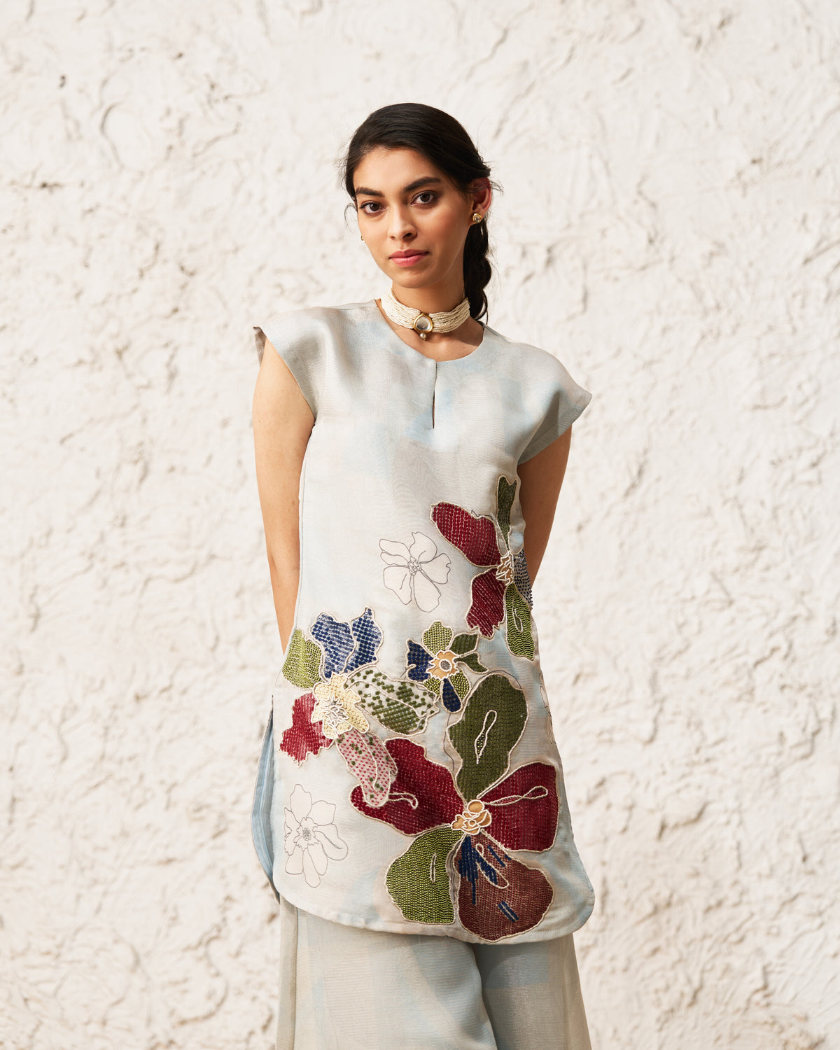 Nilofer-Ice blue beige Soft Checks Jari placed hand embroidered Printed Co-Ord Set