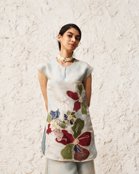 Nilofer-Ice blue beige Soft Checks Jari placed hand embroidered Printed Co-Ord Set