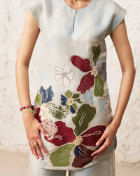 Nilofer-Ice blue beige Soft Checks Jari placed hand embroidered Printed Co-Ord Set