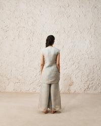 Nilofer-Ice blue beige Soft Checks Jari placed hand embroidered Printed Co-Ord Set