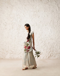 Nilofer-Ice blue beige Soft Checks Jari placed hand embroidered Printed Co-Ord Set