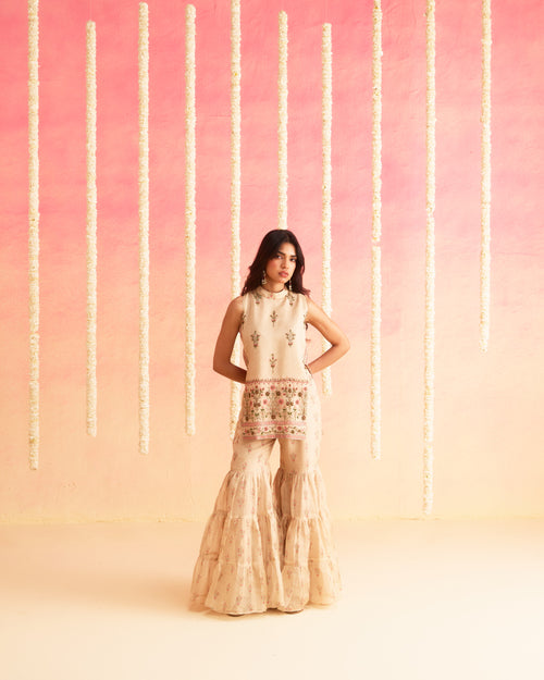 Bahar - Floral Printed Soft Cheeks Jari Sharara Set with Handwork Detailing