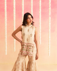 Bahar - Floral Printed Soft Cheeks Jari Sharara Set with Handwork Detailing