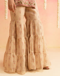 Bahar - Floral Printed Soft Cheeks Jari Sharara Set with Handwork Detailing