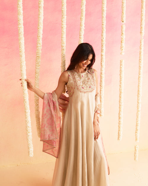 Gul - Floral soft tissue Hand Embroidered Anarkali Set