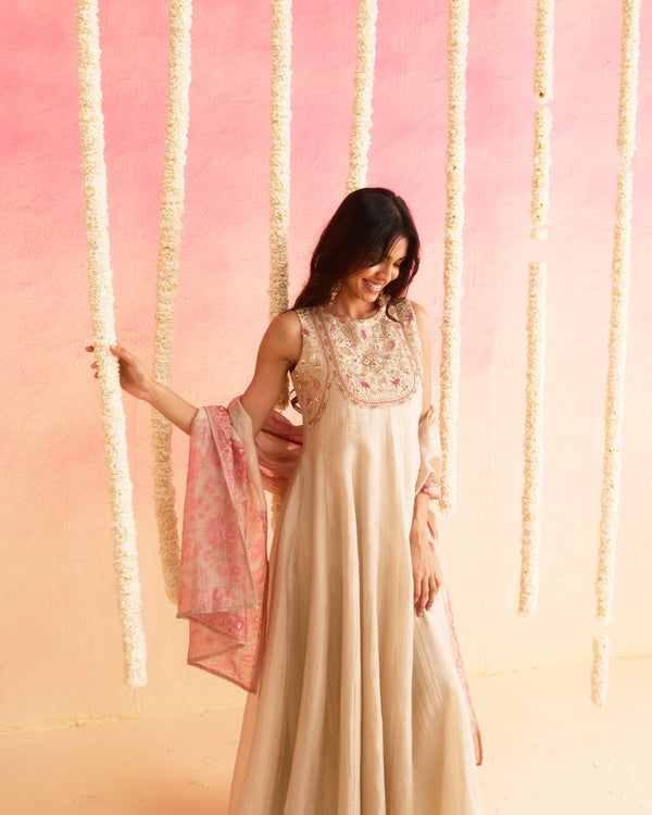 Gul - Floral soft tissue Hand Embroidered Anarkali Set