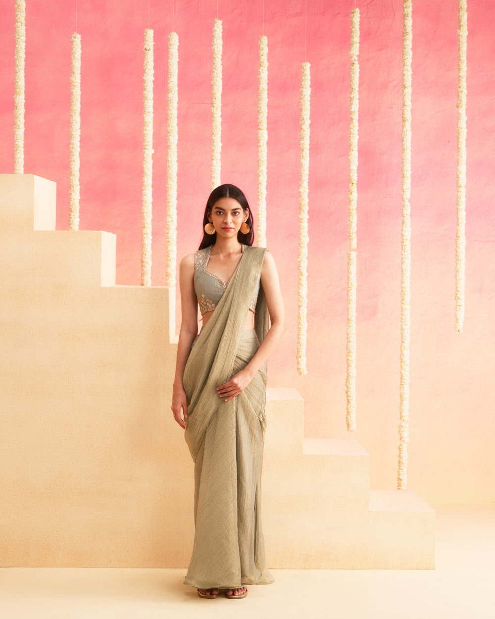 Naaz - Smoky Grey Pre-Draped Pure Tissue Saree With Handwork Blouse