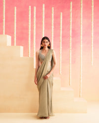 Naaz - Smoky Grey Pre-Draped Pure Tissue Saree With Handwork Blouse