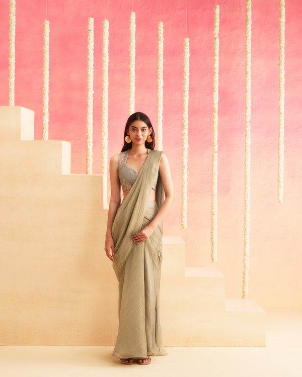 Naaz - Smoky Grey Pre-Draped Pure Tissue Saree With Handwork Blouse