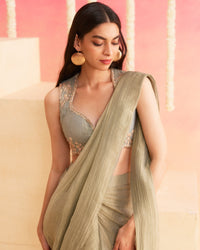 Naaz - Smoky Grey Pre-Draped Pure Tissue Saree With Handwork Blouse