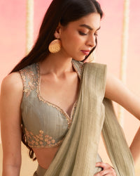 Naaz - Smoky Grey Pre-Draped Pure Tissue Saree With Handwork Blouse