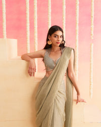 Naaz - Smoky Grey Pre-Draped Pure Tissue Saree With Handwork Blouse
