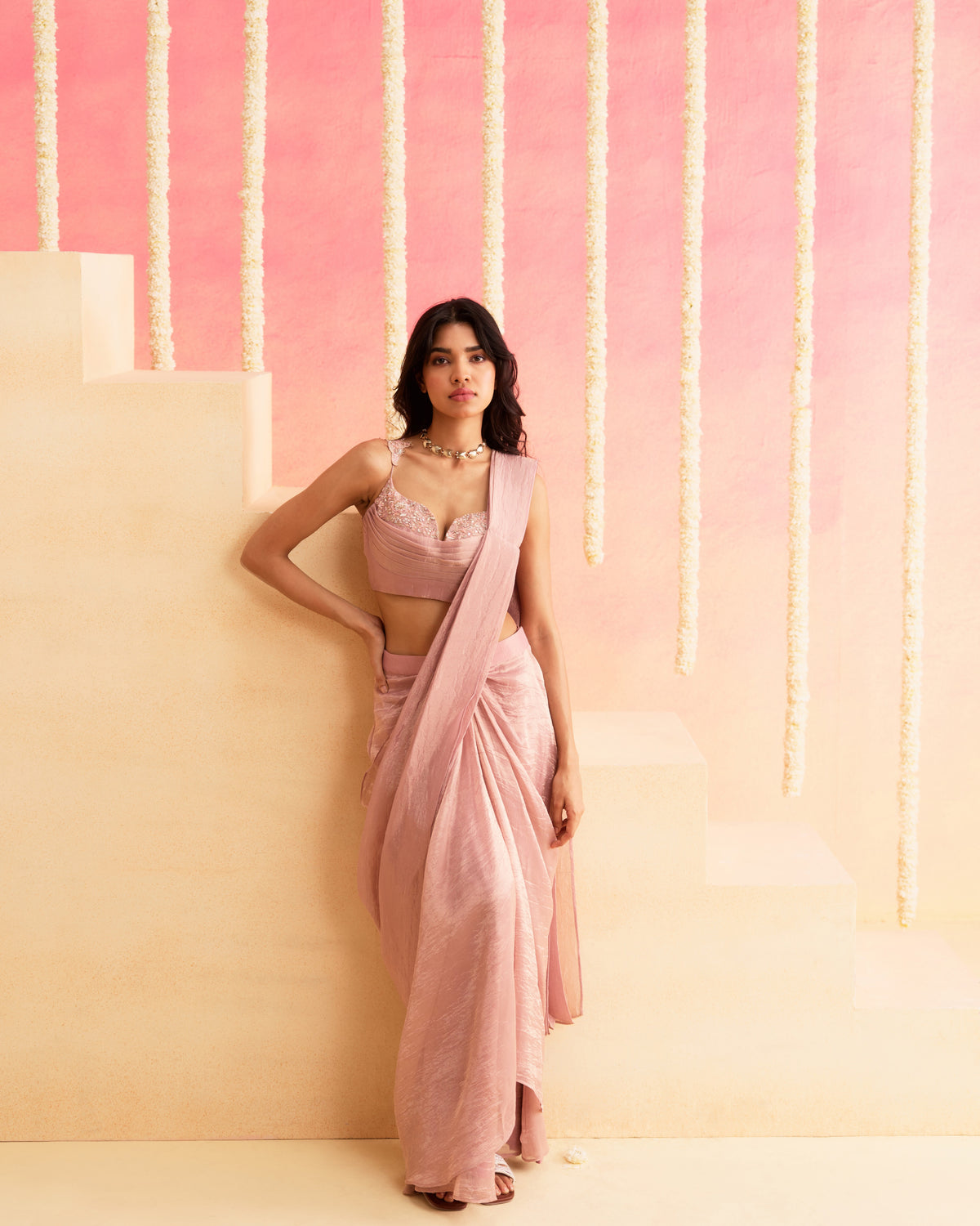 Rosa - Blush Pink Pre Draped Crush Tissue Saree With Corset Style Blouse