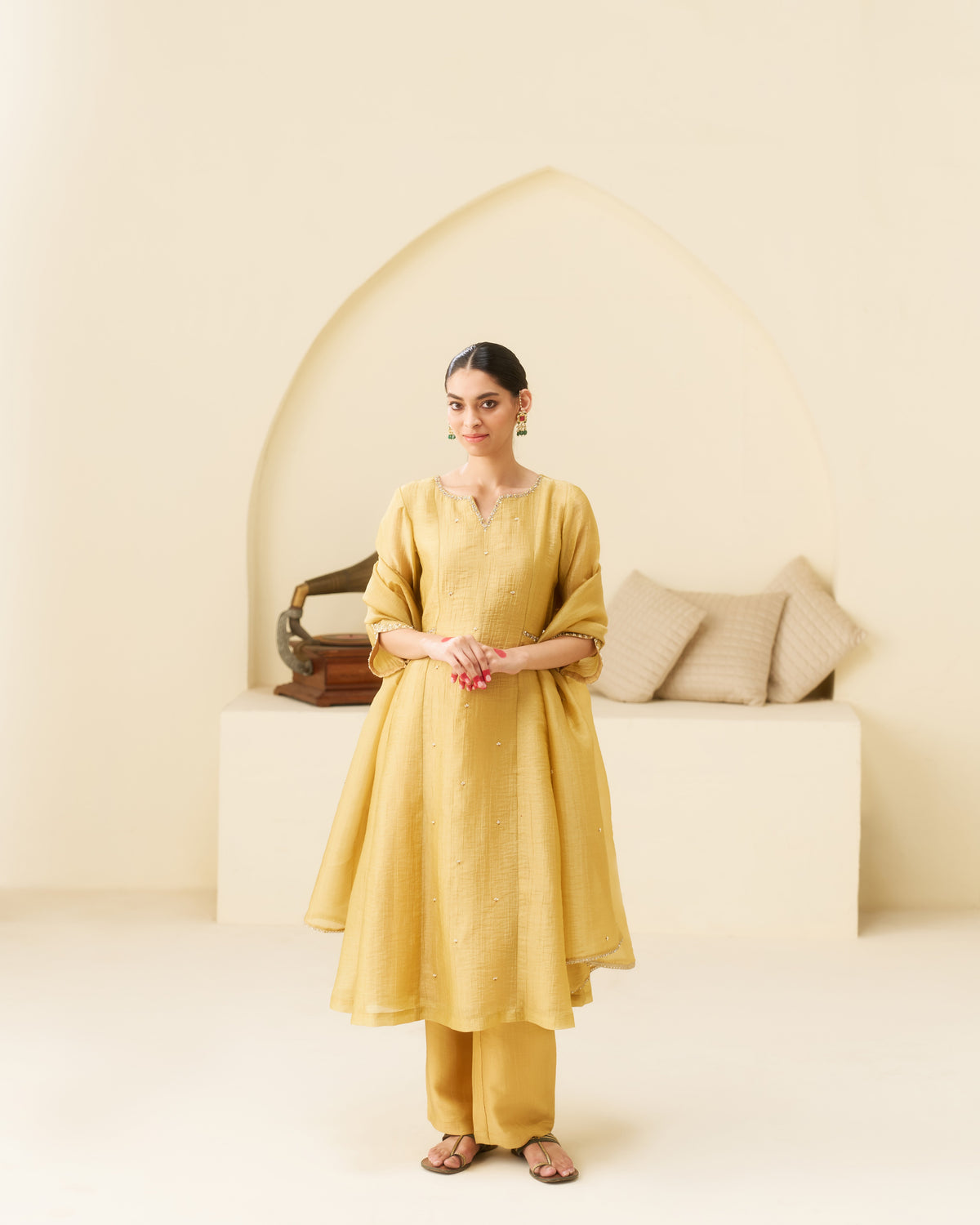Sonah - Sunflower Yellow Pure Tissue Handwork Kurta Set