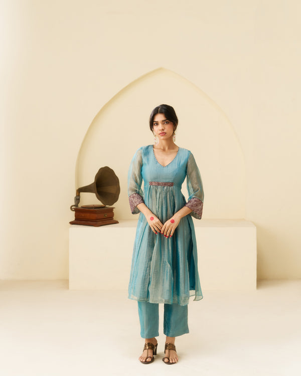 Lehr - Aqua Blue Crushed Tissue Kurta Set
