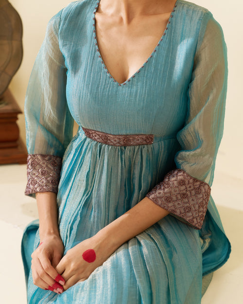 Lehr - Aqua Blue Crushed Tissue Kurta Set
