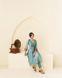 Lehr - Aqua Blue Crushed Tissue Kurta Set