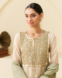Sukoon - Hand Embroidered soft tissue Ivory Kurta with Sage Green Dupatta