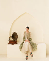 Sukoon - Hand Embroidered soft tissue Ivory Kurta with Sage Green Dupatta