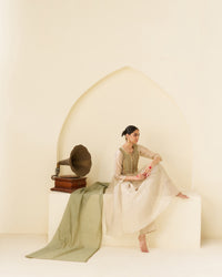 Sukoon - Hand Embroidered soft tissue Ivory Kurta with Sage Green Dupatta