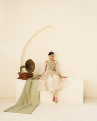 Sukoon - Hand Embroidered soft tissue Ivory Kurta with Sage Green Dupatta