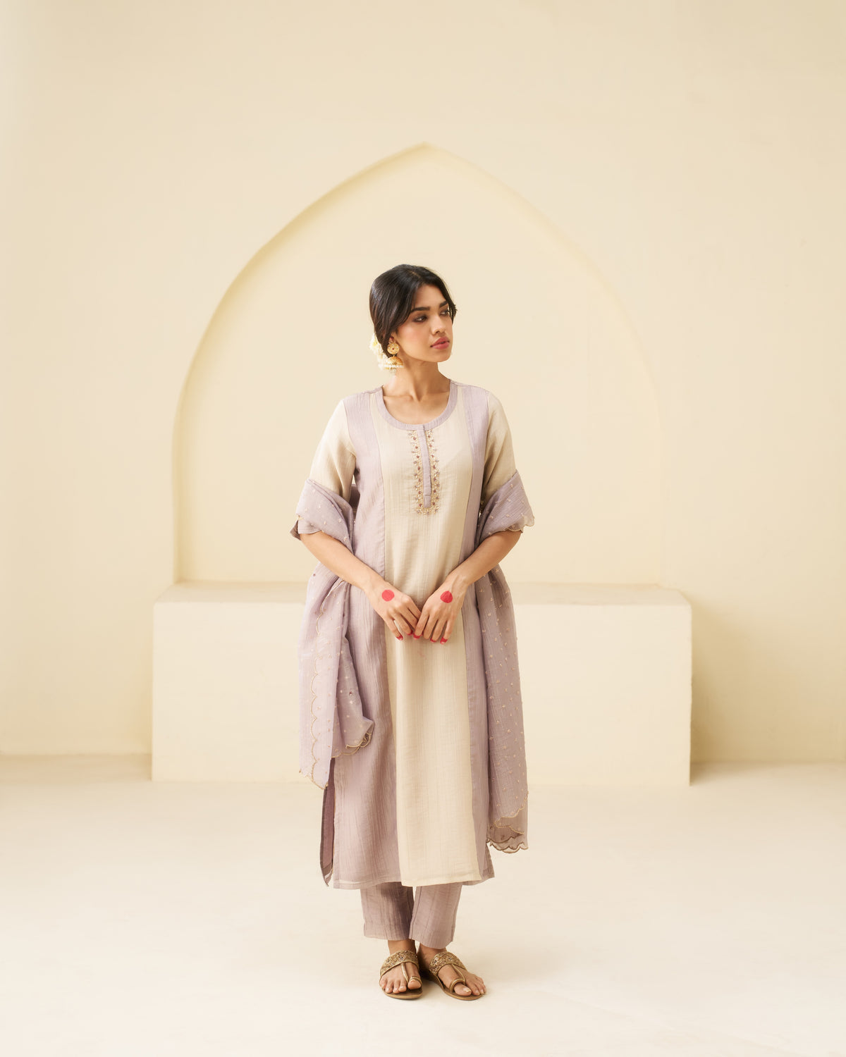 Nargis - Lavender & Beige Soft Tissue Kurta Set
