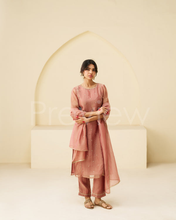 Gulnaar - Dusty Rose Pure Tissue Hand Embroidered Kurta Set