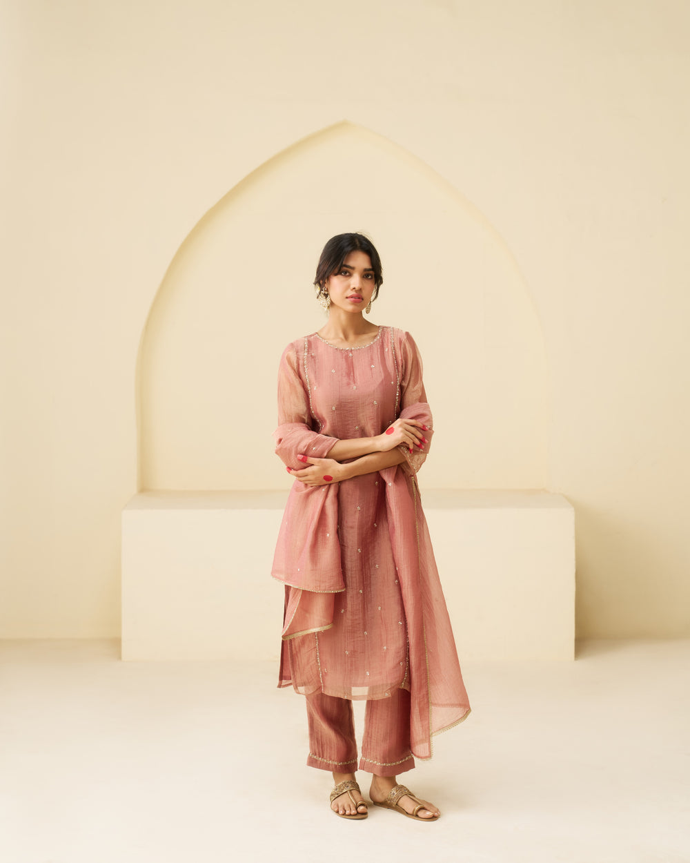 Gulnaar - Dusty Rose Pure Tissue Hand Embroidered Kurta Set