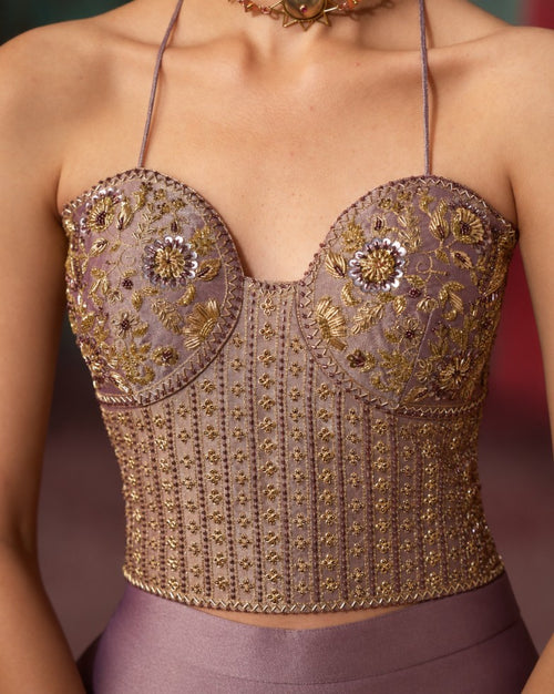 AROHA - Metallic Purple Mauve Hand Embroidered Pure Tissue Co-Ord Set Top with Straight Pant