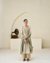 Sukoon - Hand Embroidered soft tissue Ivory Kurta with Sage Green Dupatta