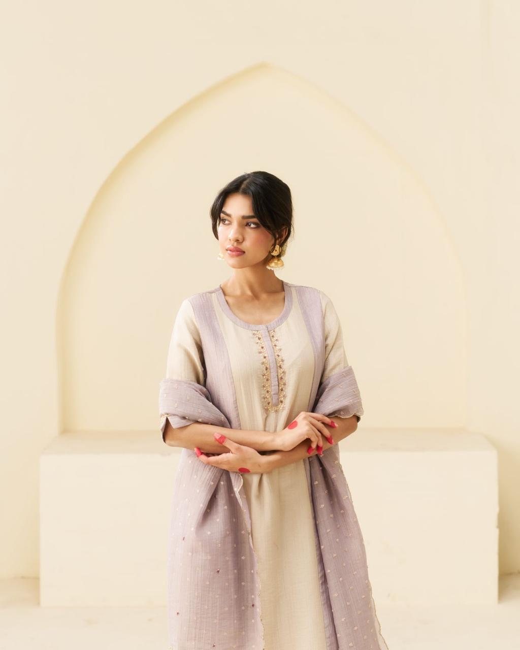 Nargis - Lavender & Beige Soft Tissue Kurta Set