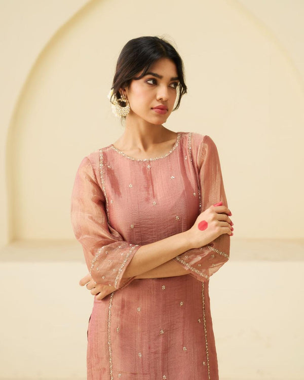 Gulnaar - Dusty Rose Pure Tissue Hand Embroidered Kurta Set