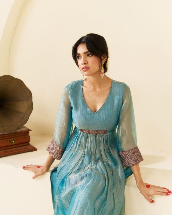Lehr - Aqua Blue Crushed Tissue Kurta Set