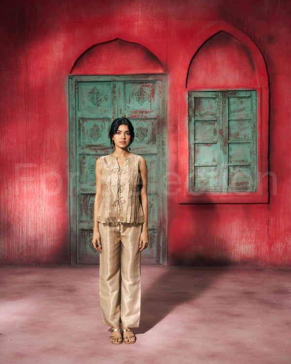 Beige Soft Tissue Co-Ord Set | Sleeveless Tunic & Straight Pant
